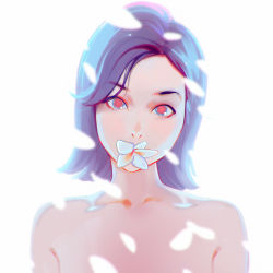 Rule 34 | 1girl, bad id, bad tumblr id, black hair, ilya kuvshinov, looking at viewer, mouth hold, original, out-of-frame censoring, out of frame, petals, red eyes, short hair, simple background, solo, upper body, white background