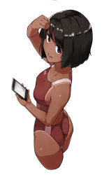 Rule 34 | absurdres, adjusting hair, black eyes, black hair, bob cut, cellphone, collarbone, competition swimsuit, cropped legs, dark-skinned female, dark skin, from above, hand on own head, highres, holding, holding phone, looking at viewer, looking to the side, looking up, one-piece swimsuit, original, phone, red one-piece swimsuit, sametogoreijou, short hair, simple background, smartphone, smile, solo, swimsuit, tan, tanline, tanline peek, white background