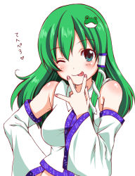 Rule 34 | 1girl, :p, bad id, bad pixiv id, bare shoulders, blue eyes, blush, breasts, detached sleeves, female focus, frog hair ornament, green hair, hair ornament, hair tubes, hand on own hip, kochiya sanae, looking at viewer, one eye closed, smile, snake, solo, tongue, tongue out, tottoto tomekichi, touhou, wide sleeves, wink