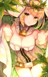 Rule 34 | 1girl, asada sadao, bad id, bad pixiv id, bare shoulders, belt, blonde hair, blurry, bodysuit, breasts, chain, cleavage, closed mouth, cowboy shot, depth of field, detached collar, detached sleeves, fate/grand order, fate (series), full-length zipper, head tilt, head wreath, highres, light particles, lock, looking at viewer, medium breasts, nero claudius (bride) (fate), nero claudius (bride) (third ascension) (fate), nero claudius (fate), nero claudius (fate) (all), padlock, plant, short hair, sidelocks, smile, solo, standing, thighs, white bodysuit, yellow eyes, zipper, zipper pull tab