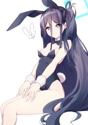 Rule 34 | 1girl, absurdly long hair, absurdres, animal ears, aris (blue archive), black bow, black bowtie, black leotard, blue archive, blue eyes, blue hair, bow, bowtie, breasts, cowboy shot, dark blue hair, detached collar, fake animal ears, hair between eyes, halo, highres, leotard, long hair, long hair between eyes, looking at viewer, mung (larnec), playboy bunny, rabbit ears, rabbit tail, sitting, small breasts, solo, strapless, strapless leotard, tail, very long hair, white background, wrist cuffs