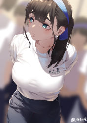 Rule 34 | 1girl, arms behind back, blue eyes, blue hairband, blurry, blurry background, breasts, brown hair, closed mouth, commentary request, gym uniform, hairband, jonsun, large breasts, looking to the side, medium hair, mole, mole under eye, open mouth, original, solo focus, tamami (jonsun), twitter username