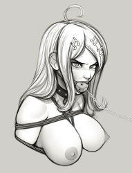 Rule 34 | 1girl, ahoge, akamatsu kaede, angry, ball gag, bdsm, blonde hair, blush, bondage, bound, bound arms, bound breasts, breasts, chain, choker, collar, collarbone, danganronpa (series), danganronpa v3: killing harmony, ears, female focus, fortissimo, gag, gagged, gagging, grey background, greyscale, hair ornament, kusujinn, large breasts, leash, leather choker, leather collar, long hair, looking at viewer, monochrome, musical note, musical note hair ornament, neck, nipples, nude, parted bangs, shibari, simple background, slave, solo, sweat, sweatdrop, topless, upper body
