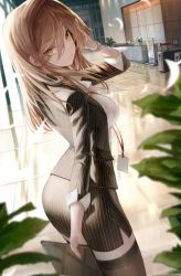 Rule 34 | 1girl, absurdres, blouse, brown eyes, brown hair, day, formal, hand in own hair, highres, indoors, kanashi kumo, long hair, looking back, office lady, pale skin, plant, potted plant, shirt, side slit, skirt, skirt suit, solo, suit, thighhighs, white shirt, zettai ryouiki