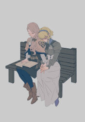 2girls bad_id bad_twitter_id black_dress blonde_hair blue_hairband book boots bow brown_boots capelet closed_eyes closed_mouth commentary_request constance_von_nuvelle dress drill_hair fire_emblem fire_emblem:_three_houses full_body garreg_mach_monastery_uniform grey_background grey_shirt grey_skirt hair_bow hair_over_shoulder hairband holding holding_book holding_hands inactive_account long_hair long_sleeves mercedes_von_martritz multiple_girls nintendo on_bench open_book purple_hair shaded_face shirt short_hair simple_background sitting skirt smile zatsu7wy