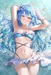 Rule 34 | 1girl, absurdres, afloat, ahoge, armpits, arms behind head, arms up, bandeau, bikini, bikini skirt, blue hair, blush, braid, breasts, caustics, collarbone, colored tips, elf, floating hair, flower, frilled bikini, frills, from above, gluteal fold, gold necklace, hair between eyes, hair flower, hair flowing over, hair intakes, hair ornament, hair spread out, half updo, hand in own hair, hands in hair, heart, heart ahoge, highleg, highleg bikini, highres, hololive, jewelry, large breasts, layered bikini, long hair, looking at viewer, lying, lying on water, midriff, multicolored hair, navel, necklace, on back, on water, parted lips, partially submerged, pointy ears, presenting armpit, rin yuu, shallow water, skindentation, solo, splashing, strapless, strapless bikini, streaked hair, swimsuit, thigh gap, thighs, twin braids, underboob, very long hair, virtual youtuber, water, wet, wet hair, yellow eyes, yukihana lamy