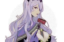 Rule 34 | 1girl, breasts, camilla (fire emblem), cleavage, fire emblem, fire emblem fates, food, fork, gloves, hidarime02, large breasts, lips, long hair, nintendo, open mouth, purple hair, simple background, solo, steak, tiara, white background