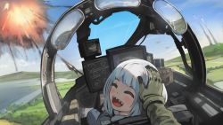 Rule 34 | 1girl, ^ ^, blue hair, blunt bangs, blush, closed eyes, cockpit, commentary, english commentary, explosion, f-15 eagle, gawr gura, gloves, headpat, highres, hololive, hololive english, looking at viewer, looking back, missile, multicolored hair, open mouth, paintrfiend, prez (project wingman), project wingman, sharp teeth, smile, streaked hair, teeth, virtual youtuber, white hair