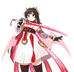 Rule 34 | 1girl, armpit crease, black gloves, black hair, black thighhighs, breasts, chinese clothes, closed mouth, cowboy shot, dot nose, dress, earrings, elbow gloves, gloves, gold earrings, halo, hanfu, highres, holding, holding sword, holding weapon, jewelry, looking at viewer, lucia: plume (eventide glow) (punishing: gray raven), lucia (punishing: gray raven), medium hair, myam (123ab456c), pendant, pink wings, punishing: gray raven, red eyes, see-through, see-through sleeves, serious, simple background, small breasts, solo, standing, sword, thighhighs, weapon, white background, white dress, wings, zettai ryouiki