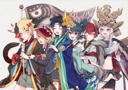 Rule 34 | :d, androgynous, bishounen, blonde hair, closed mouth, facial mark, hannya, hannya (onmyoji), hat, highres, holding, japanese clothes, long hair, looking at viewer, male focus, mask, moto mitsuashi, multiple views, one eye closed, onmyoji, open mouth, pale skin, red eyes, short hair, smile, trap, upper body, wavy hair