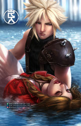 Rule 34 | 1boy, 1girl, absurdres, aerith gainsborough, aerlixir, armor, blonde hair, brown hair, carrying, cloud strife, cropped jacket, death, dress, final fantasy, final fantasy vii, floating, floating hair, forgotten city, funeral, highres, jacket, partially submerged, pauldrons, pink dress, princess carry, red jacket, sad, shoulder armor, sleeveless, sleeveless turtleneck, square enix, sweater, turtleneck, turtleneck sweater, water