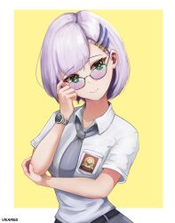 Rule 34 | 1girl, absurdres, adjusting eyewear, artist name, belt, black belt, braid, breast pocket, closed mouth, collarbone, collared shirt, commentary, english commentary, glasses, grey hair, grey necktie, grey skirt, hair ornament, highres, hololive, hololive indonesia, indonesian high school uniform, looking at viewer, necktie, pavolia reine, pocket, school uniform, shirt, short sleeves, skirt, smile, solo, vikar, virtual youtuber, watch, watermark, white shirt, wristwatch
