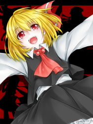 Rule 34 | 1girl, blonde hair, blouse, blush, cofi (eternal), female focus, hair ornament, hair ribbon, looking at viewer, open mouth, outstretched arms, red eyes, ribbon, rumia, shirt, silhouette, skirt, skirt set, smile, solo, touhou