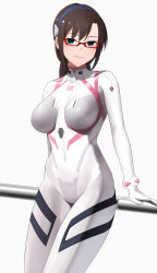 Rule 34 | 1girl, arm support, blue eyes, bodysuit, breasts, brown hair, covered navel, cowboy shot, evangelion: 3.0+1.0 thrice upon a time, glasses, grey background, highres, interface headset, large breasts, leaning back, makinami mari illustrious, multicolored bodysuit, multicolored clothes, neon genesis evangelion, pink bodysuit, plugsuit, railing, rebuild of evangelion, red-framed eyewear, senju (snz0), skin tight, solo, white bodysuit