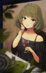 Rule 34 | 1girl, alcohol, black shirt, blue eyes, blurry, blurry foreground, brown hair, commentary request, cup, drinking glass, green eyes, hand on own cheek, hand on own face, heterochromia, highres, holding, holding cup, holding drinking glass, idolmaster, idolmaster cinderella girls, indoors, looking at viewer, mole, mole under eye, negy, rain, shirt, short hair, smile, solo, takagaki kaede, wine, wine glass
