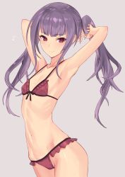 Rule 34 | 1girl, alice gear aegis, arched back, armpits, arms up, asymmetrical hair, bikini, blush, closed mouth, collarbone, cowboy shot, flat chest, grey background, groin, highres, ichijou ayaka, long hair, looking at viewer, musical note, navel, purple bikini, purple eyes, purple hair, quaver, side ponytail, sidelocks, sigm@, simple background, smile, solo, standing, swimsuit, tsurime