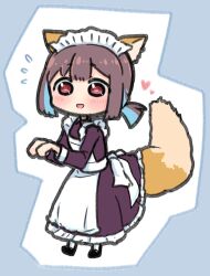 Rule 34 | 1girl, :d, animal ears, blue hair, brown eyes, brown hair, chibi, commentary, flying sweatdrops, fox ears, fox tail, frills, full body, heart, highres, hiro (05112423), hozuki momiji, kemonomimi mode, long sleeves, looking at viewer, maid headdress, multicolored hair, official alternate costume, onii-chan wa oshimai!, open mouth, short hair, short ponytail, simple background, smile, solo, tail, two-tone hair