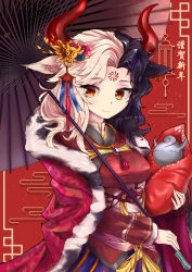 Rule 34 | 1girl, absurdres, alternate costume, animal ears, black hair, breasts, brooch, cape, chinese new year, closed mouth, commentary request, cow ears, cow horns, dress, facial tattoo, fur trim, goingtobemad, highres, holding, holding umbrella, horns, jewelry, looking at viewer, medium breasts, medium hair, multicolored hair, new year, oil-paper umbrella, parted bangs, red cape, red dress, red eyes, silver hair, smile, solo, split-color hair, statue, tassel, tattoo, touhou, two-tone hair, umbrella, upper body, ushizaki urumi