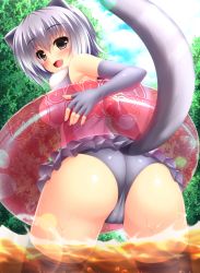 Rule 34 | 10s, animal ears, ass, bad id, bad pixiv id, black hair, breasts, day, kemono friends, large breasts, looking back, shocchan (sanymph), short hair, sky, small-clawed otter (kemono friends), solo, tail, tree, water