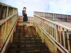 Rule 34 | 1girl, absurdres, asymmetrical hair, brown eyes, brown hair, closed mouth, commentary, dress, hair ornament, hairclip, highres, huge filesize, iwakura lain, jacket, looking at viewer, pedestrian bridge, photo background, scenery, serial experiments lain, short hair, skirt, solo