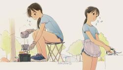 Rule 34 | 1girl, apron, bare legs, black hair, blue footwear, blue shirt, blue shorts, camping, chair, cooking pot, crocs, cup, dated, dolphin shorts, folding chair, food, gloves, hair behind ear, hair ornament, hairclip, highres, kokudou juunigou, low ponytail, mug, music, musical note, original, outdoors, ponytail, poring, portable stove, sandwich, shirt, short sleeves, shorts, singing, sitting, smile, solo, steam, tent, tree, washing, water