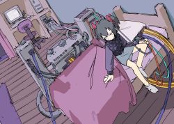Rule 34 | 1girl, absurdres, bed, black hair, checkered pattern, computer, highres, pantsu-ripper, room, skirt, sweater, wire