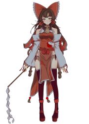 Rule 34 | 1girl, absurdres, adapted costume, bare shoulders, bow, breasts, brown hair, closed mouth, commentary request, detached sleeves, expressionless, frilled bow, frilled ribbon, frills, full body, gohei, hair bow, hair ribbon, hair tubes, hakurei reimu, highres, looking at viewer, medium breasts, mesuosushi, nontraditional miko, panties, pelvic curtain, pigeon-toed, red bow, red thighhighs, ribbon, sandals, side-tie panties, simple background, solo, standing, thighhighs, touhou, underwear, white background, yellow eyes, yin yang, yin yang print, zouri