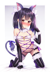 Rule 34 | 1girl, adapted costume, animal ears, black gloves, black hair, black thighhighs, blush, breasts, brown eyes, cat ears, cat tail, closed mouth, cosplay, elbow gloves, fate/grand order, fate/kaleid liner prisma illya, fate (series), feather hair ornament, feathers, female focus, full body, fur-trimmed gloves, fur-trimmed legwear, fur collar, fur trim, gloves, hair ornament, halloween costume, kneeling, long hair, looking at viewer, mash kyrielight, mash kyrielight (dangerous beast), mash kyrielight (dangerous beast) (cosplay), miyu edelfelt, navel, nervous smile, o-ring, official alternate costume, on bed, puririn, pussy juice, revealing clothes, revision, simple background, small breasts, smile, solo, tail, thighhighs, twintails