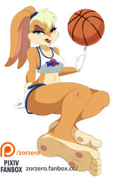 Rule 34 | 1girl, animal ears, animal nose, arm support, artist request, bare legs, blue eyes, blush, body fur, breasts, cleavage, curvy, furry, furry female, gloves, lola bunny, long hair, looking at viewer, looney tunes, medium breasts, midriff, navel, open mouth, ponytail, rabbit ears, short shorts, shorts, simple background, sitting, solo, space jam, underboob, white gloves