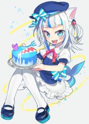 Rule 34 | 1girl, :d, aqua bow, aqua eyes, aqua nails, artist name, beret, blue footwear, blue hat, blush, bow, cake, commentary request, fins, fish tail, food, fork, frilled skirt, frills, full body, gawr gura, hat, highres, holding, holding food, holding fork, holding plate, hololive, hololive english, looking at viewer, nail polish, negi (ulog&#039;be), open mouth, plate, puffy sleeves, ribbon, shark girl, shark tail, sharp teeth, short sleeves, signature, simple background, skirt, smile, solo, star (symbol), striped ribbon, tail, teeth, twitter username, virtual youtuber, white background, white hair