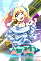 Rule 34 | 1girl, ahoge, alternate hairstyle, belt, belt buckle, blonde hair, blue eyes, blush, buckle, commentary request, cowboy shot, fang, green skirt, green thighhighs, hair between eyes, highres, holding, holding phone, humanization, jashin-chan, jashin-chan dropkick, long hair, long sleeves, looking at viewer, miniskirt, off-shoulder shirt, off shoulder, phone, shirt, skirt, solo, standing, tanashi (mk2), teeth, thighhighs, twintails