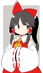 Rule 34 | 1girl, ascot, black eyes, black hair, bow, detached sleeves, hair bow, hair tubes, hakurei reimu, hands in opposite sleeves, ini (inunabe00), long hair, looking to the side, ponytail, red bow, red shirt, shirt, solo, touhou, upper body, yellow ascot