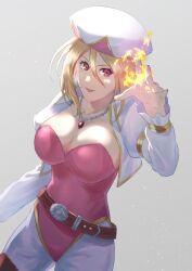 Rule 34 | 1girl, absurdres, blonde hair, breasts, cleavage, collarbone, eleanor (saga), fire, hat, highres, jewelry, large breasts, long hair, looking at viewer, magic, necklace, red eyes, saga, saga frontier 2, simple background, solo, sssss 204