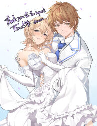 Rule 34 | 1boy, 1girl, arm between breasts, bare shoulders, between breasts, blonde hair, blush, breasts, brown eyes, brown hair, carrying, collarbone, collared shirt, commission, couple, double-parted bangs, dress, elbow gloves, europa (granblue fantasy), falling petals, frilled dress, frills, gloves, gran (granblue fantasy), granblue fantasy, hair between eyes, hetero, highres, hip vent, jacket, looking at viewer, nos, parted lips, petals, princess carry, purple eyes, shirt, short hair, skeb commission, skirt hold, smile, twitter username, wedding dress, white gloves, white jacket, white shirt