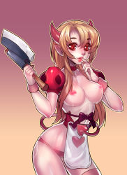Rule 34 | 1girl, absurdres, axe, blonde hair, blush, breasts, demon girl, demon horns, demon tail, fang, fengmo, heart, heart-shaped pupils, highres, horns, long hair, looking at viewer, nipples, original, pointy ears, red eyes, smile, solo, symbol-shaped pupils, tail, weapon