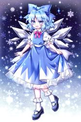 Rule 34 | 1girl, :d, black footwear, blue bow, blue eyes, blue hair, blue skirt, blue vest, bobby socks, bow, bowtie, cirno, collared shirt, commentary, diamond-shaped pupils, diamond (shape), frilled skirt, frills, full body, hair bow, highres, ice, ice wings, looking at viewer, mary janes, medium hair, miy 001, open mouth, puffy short sleeves, puffy sleeves, red bow, red bowtie, shirt, shoes, short sleeves, skirt, skirt hold, skirt set, smile, snowflakes, socks, solo, standing, standing on one leg, symbol-shaped pupils, touhou, vest, white shirt, white socks, wings
