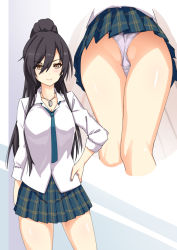 Rule 34 | 1girl, arm behind back, ass, bare legs, black hair, blouse, closed mouth, collarbone, collared shirt, commission, crotch seam, eyelashes, feet out of frame, from below, hair between eyes, hand on own hip, idolmaster, idolmaster shiny colors, jewelry, long hair, looking at viewer, miniskirt, mtu virus, multiple views, nagehazushi, necklace, necktie, panties, plaid, plaid skirt, pleated skirt, ponytail, shiny skin, shirase sakuya, shirt, skeb commission, skirt, smile, standing, thighs, underwear, voyeurism, white panties, white shirt, yellow eyes