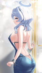 Rule 34 | 1girl, absurdres, ako (blue archive), ako (dress) (blue archive), ass, back, backless dress, backless outfit, bangle, blue archive, blue dress, blue hair, blue halo, bracelet, breasts, butt crack, commentary request, covered erect nipples, cuffs, dress, elsynien, hairband, halo, handcuffs, highres, jewelry, large breasts, looking at viewer, official alternate costume, partial commentary, shackles, sideboob, sideless dress, sideless outfit, sleeveless, sleeveless dress, solo, strap gap
