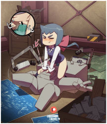 Rule 34 | 10s, 1girl, blue hair, blush, bottomless, censored, closed eyes, clothed sex, constanze amalie von braunschbank-albrechtsberger, girl on top, green eyes, little witch academia, phinci, pointless censoring, pussy, pussy juice, recording, reverse cowgirl position, robot, school uniform, sex, sex from behind, straddling, thick eyebrows, vaginal