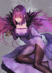 Rule 34 | 1girl, arm support, breasts, cleavage, dress, fate/grand order, fate (series), feather trim, fur trim, grey background, hair between eyes, headpiece, large breasts, long sleeves, looking at viewer, lying, night, night sky, on side, purple dress, purple hair, reclining, red eyes, scathach (fate), scathach skadi (fate), sky, solo, star (sky), starry sky, tiara, ya99ru