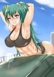 Rule 34 | abs, armpits, bell, black bra, bra, breasts, cleavage, clenched teeth, covered erect nipples, cui yifei, exercising, green hair, hair bell, hair ornament, highres, large breasts, long hair, muv-luv, muv-luv alternative, muv-luv total eclipse, nonoririn, one eye closed, purple eyes, sideboob, solo, sports bra, sweat, teeth, two side up, underwear, wince