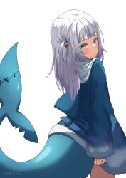 Rule 34 | 1girl, animal hood, blue eyes, blush, closed mouth, fins, fish tail, gawr gura, highres, hololive, hololive english, hood, long hair, looking at viewer, looking back, shark hood, shark tail, sharkudon, short twintails, simple background, solo, standing, tail, twintails, virtual youtuber, white background, white hair