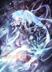 Rule 34 | 1girl, android, aqua eyes, aqua hair, artist name, azomo, blue hair, breasts, cable, character name, floating hair, from side, glowing, glowing eyes, glowing hair, hair ornament, hatsune miku, highres, liquid, long hair, looking at viewer, mecha musume, medium breasts, multicolored eyes, one side up, parted lips, pink eyes, ringed eyes, shards, smile, solo, transparent, very long hair, vocaloid