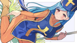 Rule 34 | 1girl, blue hair, blue headwear, blue tabard, blush, bodysuit, boots, breasts, closed mouth, collarbone, commentary request, cross, dragon quest, dragon quest iii, grass, hair behind ear, hifumi chiyoko, highres, holding, holding staff, knee boots, kneeling, large breasts, long hair, long sleeves, looking at viewer, orange bodysuit, priest (dq3), red eyes, smile, solo, staff, tabard, turtleneck, turtleneck bodysuit, yellow footwear