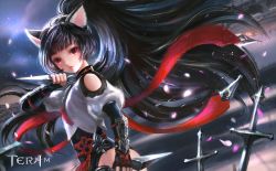 Rule 34 | 1girl, animal ear fluff, animal ears, arm up, black gloves, black hair, black leotard, cat ears, cherry blossoms, commentary request, copyright name, dual wielding, elbow gloves, elin, fighting stance, fingerless gloves, from side, gloves, highres, holding, ji-hyun ro, kunai, leotard, leotard under clothes, long hair, looking at viewer, no tail, official art, petals, ponytail, red eyes, shirt, solo, sword, tera online, upper body, very long hair, weapon, white shirt, wind