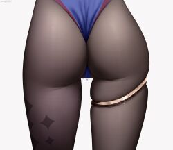 Rule 34 | 1girl, absurdres, ass, black pantyhose, blue leotard, cameltoe, close-up, from behind, genshin impact, highres, leotard, lower body, mona (genshin impact), pantyhose, simple background, skindentation, solo, thighlet, thighs, white background, z282g