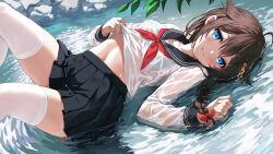 Rule 34 | 1girl, black sailor collar, black skirt, blue eyes, blush, bow, braid, breasts, brown hair, closed mouth, clothes lift, commission, devil heavens, eyebrows hidden by hair, hair bow, hair flaps, hair ornament, highres, kantai collection, knees up, leaf, lifted by self, long hair, long sleeves, looking at viewer, looking to the side, lying, lying on water, miniskirt, navel, neckerchief, on back, pixiv commission, pleated skirt, red bow, red neckerchief, sailor collar, school uniform, see-through, see-through shirt, serafuku, shallow water, shigure (kancolle), shirt, shirt lift, single braid, skirt, small breasts, solo, stomach, thighhighs, thighs, variant set, water, wet, wet clothes, wet shirt, white shirt, white thighhighs, zettai ryouiki