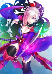Rule 34 | 1girl, absurdres, asymmetrical hair, black thighhighs, blue kimono, blue sleeves, breasts, choker, cleavage, clothing cutout, detached sleeves, dual wielding, earrings, eyes visible through hair, fate/grand order, fate (series), hair between eyes, hair ornament, hair over one eye, highres, holding, holding sword, holding weapon, japanese clothes, jewelry, katana, kimono, leg up, long hair, long sleeves, looking at viewer, magatama, magatama necklace, medium breasts, miyamoto musashi (fate), miyamoto musashi (third ascension) (fate), navel cutout, necklace, nishibi mitsuba, open mouth, purple eyes, short kimono, silver hair, sleeveless, sleeveless kimono, solo, sword, thighhighs, weapon, wide sleeves, zettai ryouiki