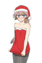 Rule 34 | absurdres, alternate costume, bare shoulders, blue eyes, breasts, brown hair, collarbone, dress, fur-trimmed dress, fur-trimmed headwear, fur trim, gradient hair, hat, highres, kantai collection, kazagumo (kancolle), long hair, multicolored hair, pantyhose, ponytail, red dress, red hat, santa hat, simple background, small breasts, strapless, strapless dress, thighband pantyhose, tsuru (thunder tsuru), white background