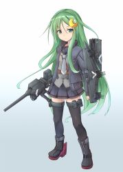 Rule 34 | 1girl, adapted costume, adapted turret, black jacket, black serafuku, black skirt, black thighhighs, cannon, commentary request, crescent, crescent hair ornament, full body, gradient background, green background, green eyes, green hair, grey necktie, hair ornament, highres, jacket, kantai collection, long hair, looking at viewer, machinery, minosu, nagatsuki (kancolle), necktie, original remodel (kantai collection), pleated skirt, school uniform, serafuku, skirt, solo, standing, thighhighs, turret, white background